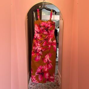 AMUR Vibrant Pink and Tan Floral Midi Dress